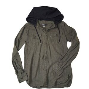 Caliville Mens Olive Green Hooded Flannel Shirt‎ Long Sleeve Button Up Casual
